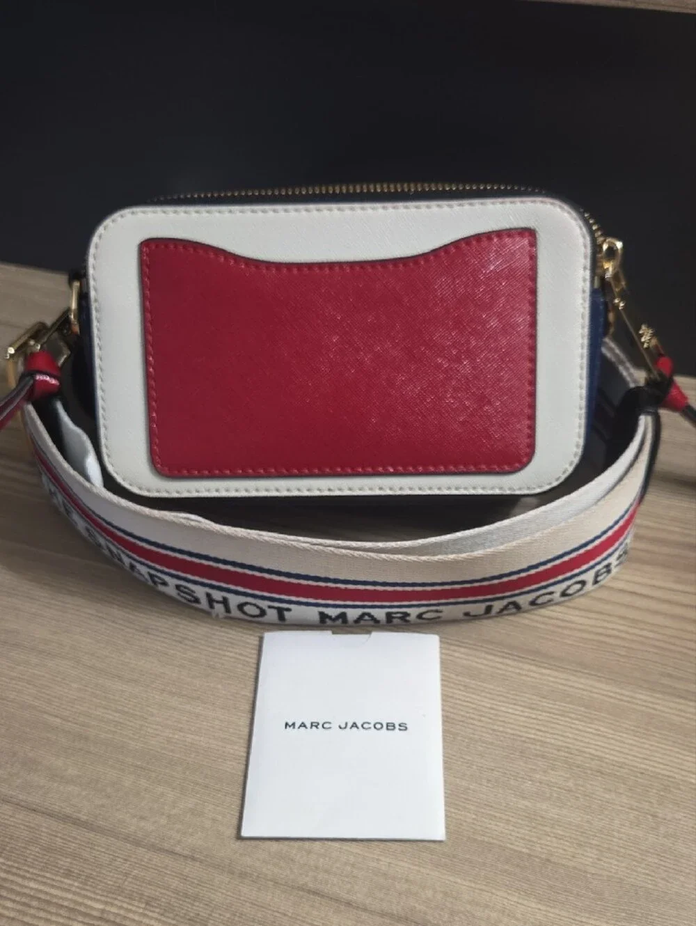 Marc Jacobs Two-Tone White and Red Snapshot Crossbody with Striped Strap - Picture 2 of 4